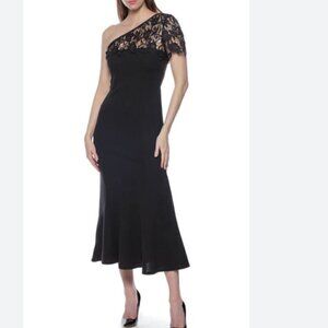 Marina Women's Black One Shoulder Lace Midi Dress Formal Flounce Hem Size 10